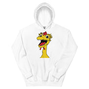 Front view of white hoodie featuring a large cartoon Kerwyn head with a red comb, wide eyes, and an open mouth.