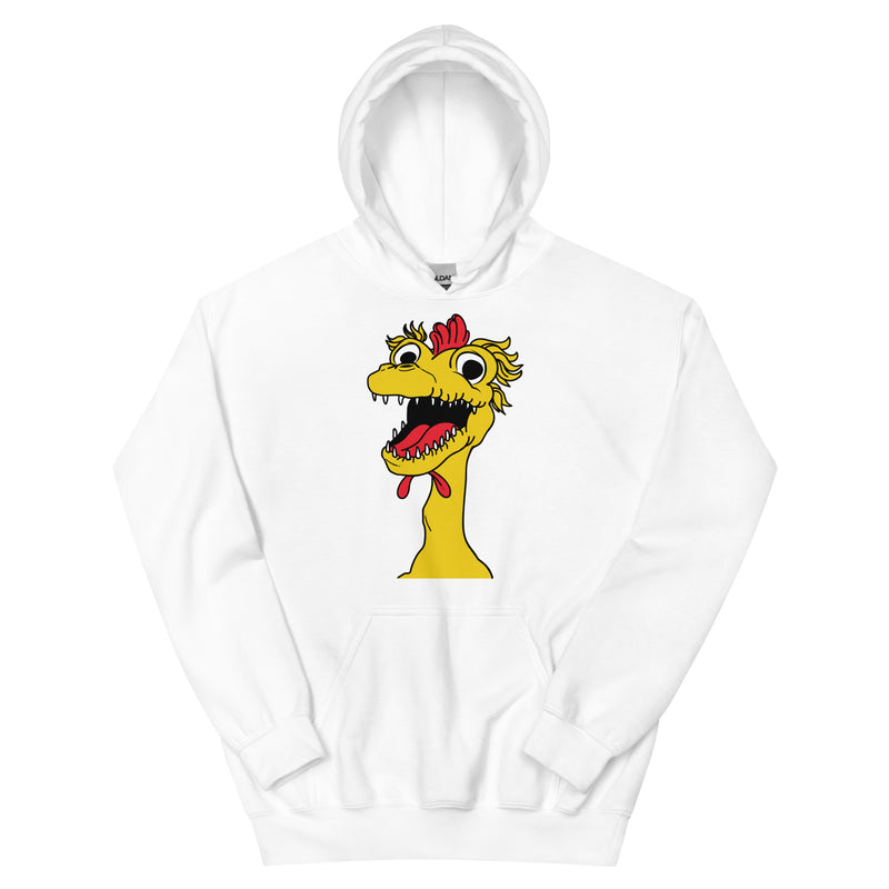 Front view of white hoodie featuring a large cartoon Kerwyn head with a red comb, wide eyes, and an open mouth.