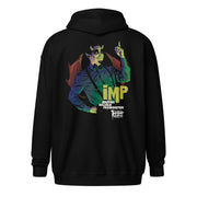 Back view of black zip-up hoodie featuring illustrated IMP character with the text 'IMP' in yellow-green above white name text.