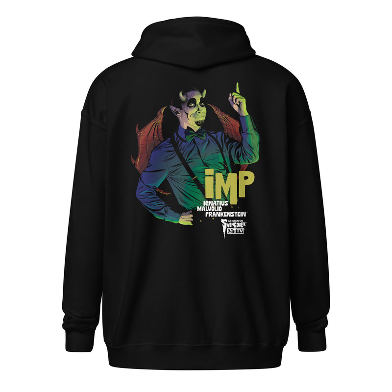 Back view of black zip-up hoodie featuring illustrated IMP character with the text 'IMP' in yellow-green above white name text.