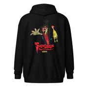 Back view of black zip-up hoodie with a Svengoolie character illustration featuring Svengoolie reaching forward and holding a yellow chicken, with the text 'Svengoolie' in red below him.