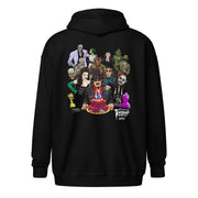 Back view of black hoodie illustrated Svengoolie with cake surrounded by movie monsters, with 'Svengoolie' logo at lower right