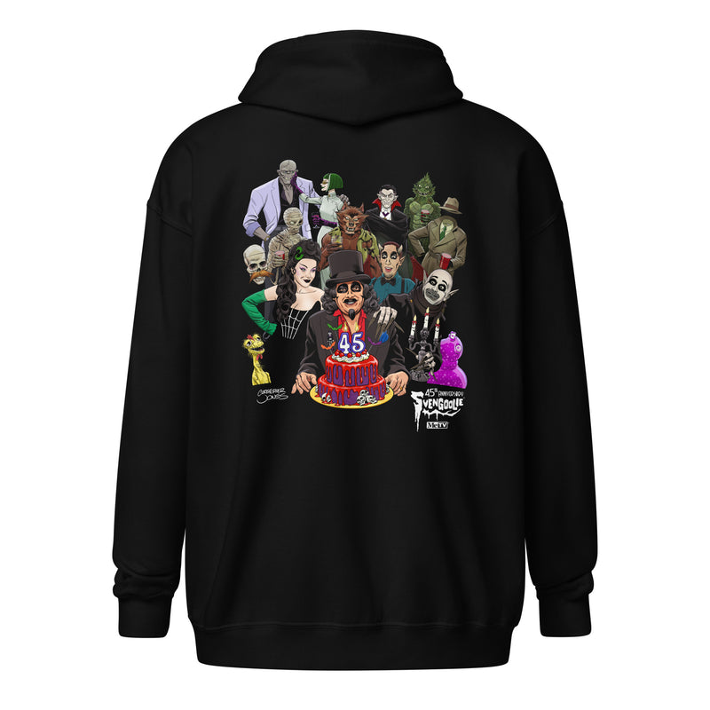 Back view of black hoodie illustrated Svengoolie with cake surrounded by movie monsters, with 'Svengoolie' logo at lower right