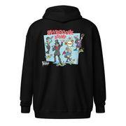 Back view of black zip-up hoodie featuring a cartoon band of Svengoolie characters with red SVENGOOLIE STOMP text above. Svengoolie logo at lower left