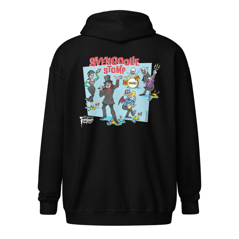 Back view of black zip-up hoodie featuring a cartoon band of Svengoolie characters with red SVENGOOLIE STOMP text above. Svengoolie logo at lower left
