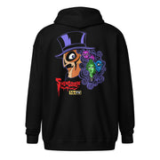 Back view of black zip-up hoodie featuring Svengoolie in a top hat with curly hair, and the faces of the Sven Squad in his hair, with the text 'Svengoolie' in red and the MeTV logo.