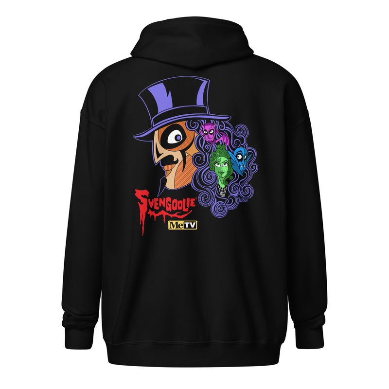 Back view of black zip-up hoodie featuring Svengoolie in a top hat with curly hair, and the faces of the Sven Squad in his hair, with the text 'Svengoolie' in red and the MeTV logo.