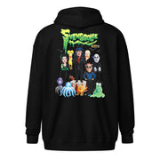 Back view of black zip-up hoodie featuring a group of cartoon monsters around Svengoolie in a top hat, with the green text 'Svengoolie' above.