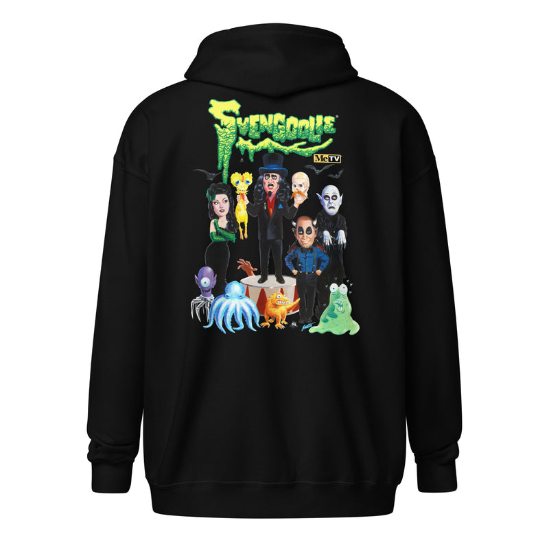 Back view of black zip-up hoodie featuring a group of cartoon monsters around Svengoolie in a top hat, with the green text 'Svengoolie' above.
