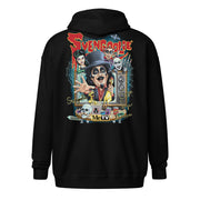 Back view of black zip-up hoodie featuring an illustrated Svengoolie in a top hat with the text 'Svengoolie' in red across the top.