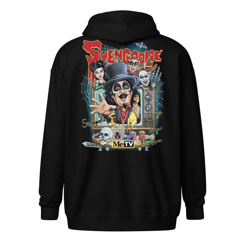 Back view of black zip-up hoodie featuring an illustrated Svengoolie in a top hat with the text 'Svengoolie' in red across the top.