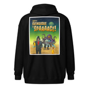 Back view of black zip-up hoodie with vintage poster art featuring the text 'SVENGOOLIE IN SPAAAACE!' in yellow and orange above an image of Svengoolie and the Sven Squad with a tentacled alien.