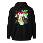 Back view of black zip-up hoodie featuring a Svengoolie illustration with ghosts, bats, and a map with the text 'Svengoolie' in red above it.