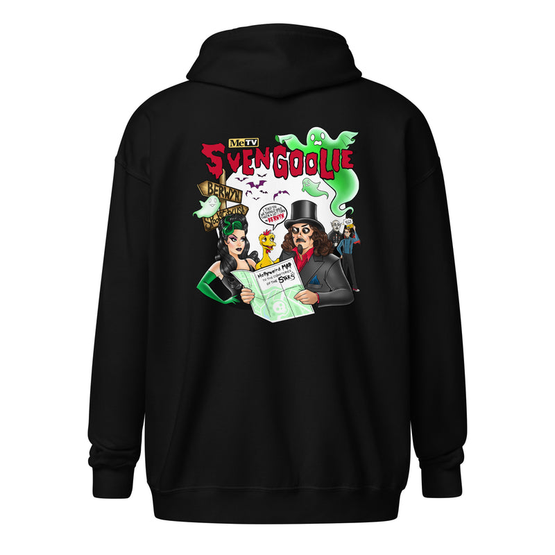 Back view of black zip-up hoodie featuring a Svengoolie illustration with ghosts, bats, and a map with the text 'Svengoolie' in red above it.