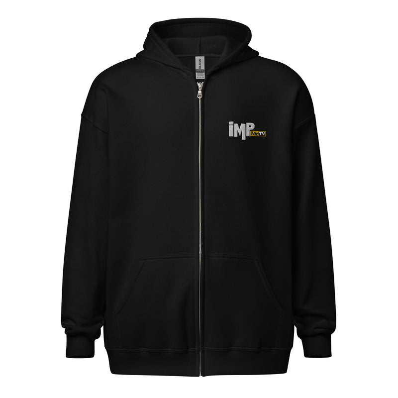 Black zip-up hoodie with a hood and front pockets featuring the embroidered IMP logo with a small MeTV logo on the upper left chest.