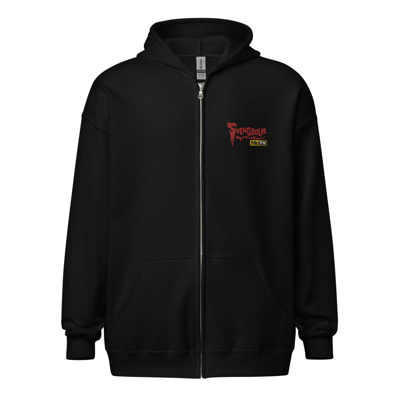 Front view of black zip-up hoodie with a small red Svengoolie logo and 'MeTV' logo embroidered on the upper right chest