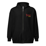 Front view of Black zip-up hoodie with a small red Svengoolie logo and 'MeTV' logo embroidered on the upper right chest