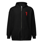 Black zip-up hoodie with a drawstring hood and a red embroidered Svengoolie dripping letter S logo on the left chest.
