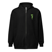 Front view of black zip-up hoodie featuring a green embroidered Svengoolie dripping S logo on the left chest.