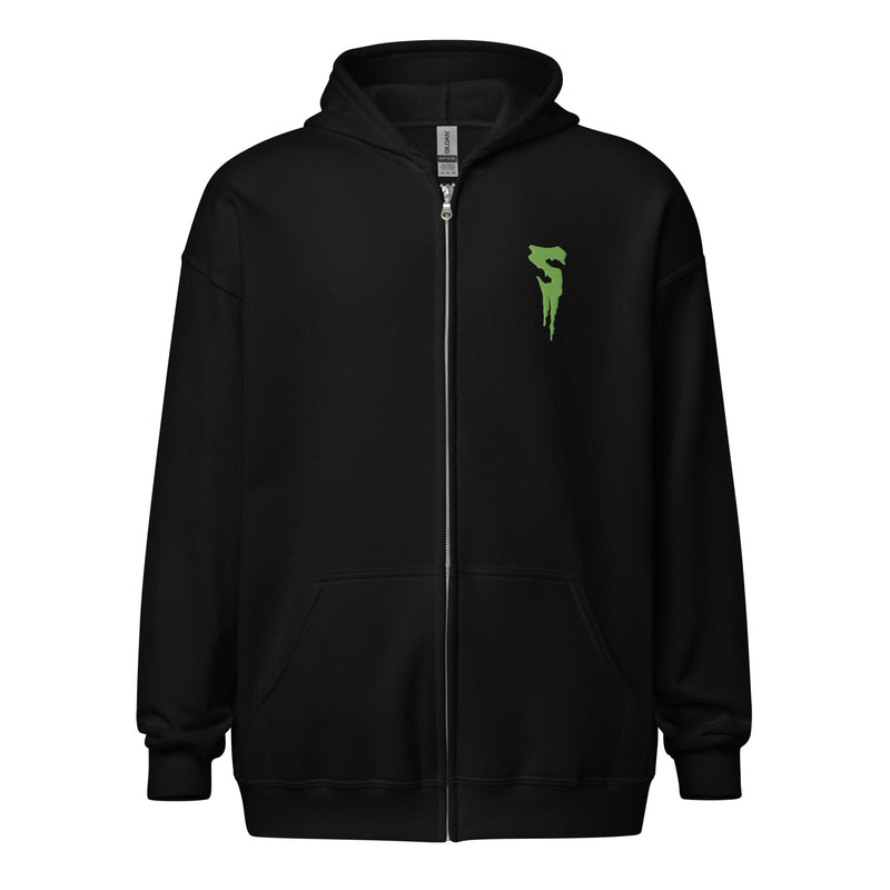 Front view of black zip-up hoodie featuring a green embroidered Svengoolie dripping S logo on the left chest.
