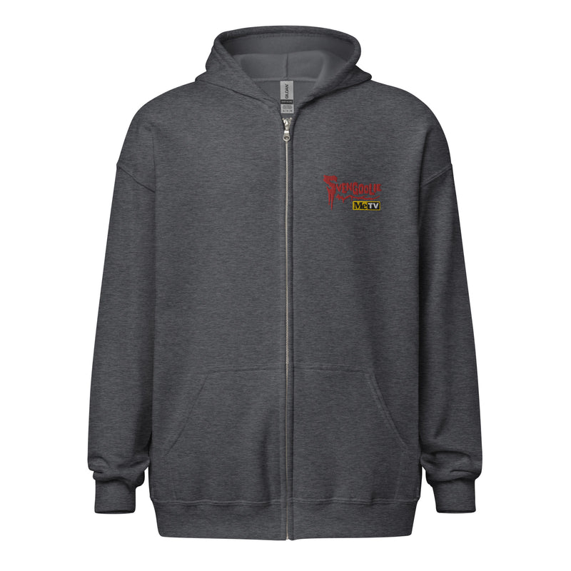 Front view of dark heather gray zip-up hoodie with a hood and front pockets featuring the red Svengoolie logo with the MeTV logo below it, embroidered on the left chest.