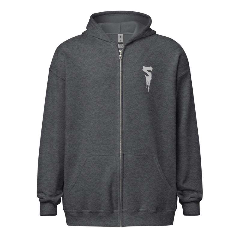 Dark heather gray zip-up hoodie featuring a white embroidered Svengoolie dripping S logo on the left chest.
