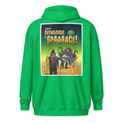 Back view of green zip-up hoodie with vintage poster art featuring the text 'SVENGOOLIE IN SPAAAACE!' in yellow and orange above an image of Svengoolie and the Sven Squad with a tentacled alien.