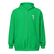 Front view of green zip-up hoodie with front pockets and a white embroidered Svengoolie dripping S logo on the left chest.