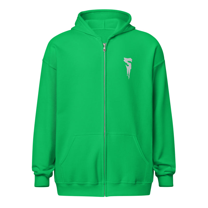 Front view of green zip-up hoodie with front pockets and a white embroidered Svengoolie dripping S logo on the left chest.