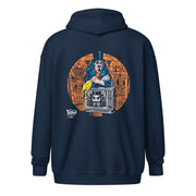 Back view of navy zip-up hoodie featuring Svengoolie holding a rubber chicken, by a TV with Orange circle border. Svengoolie logo at lower left.