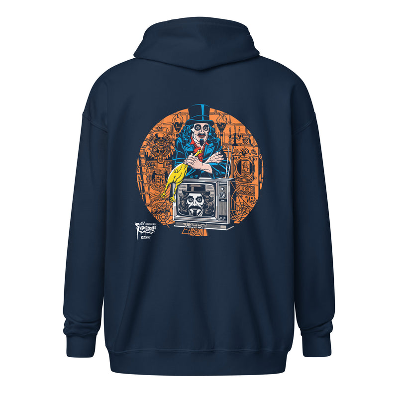 Back view of navy zip-up hoodie featuring Svengoolie holding a rubber chicken, by a TV with Orange circle border. Svengoolie logo at lower left.