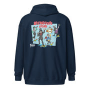 Back view of blue zip-up hoodie featuring a cartoon band of Svengoolie characters with red SVENGOOLIE STOMP text above. Svengoolie logo at lower left