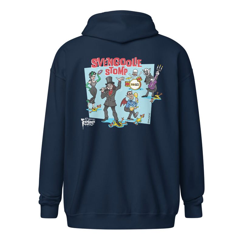 Back view of blue zip-up hoodie featuring a cartoon band of Svengoolie characters with red SVENGOOLIE STOMP text above. Svengoolie logo at lower left