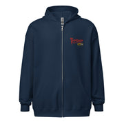Front view of Navy Blue zip-up hoodie with a small red Svengoolie logo and 'MeTV' logo embroidered on the upper right chest