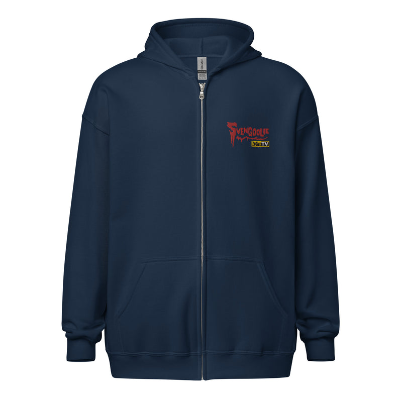 Front view of Navy Blue zip-up hoodie with a small red Svengoolie logo and 'MeTV' logo embroidered on the upper right chest