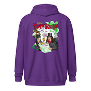 Back view of purple zip-up hoodie featuring a cartoon of Svengoolie and Gwengoolie reading a map among green ghosts, with the text 'Svengoolie' in red above it.