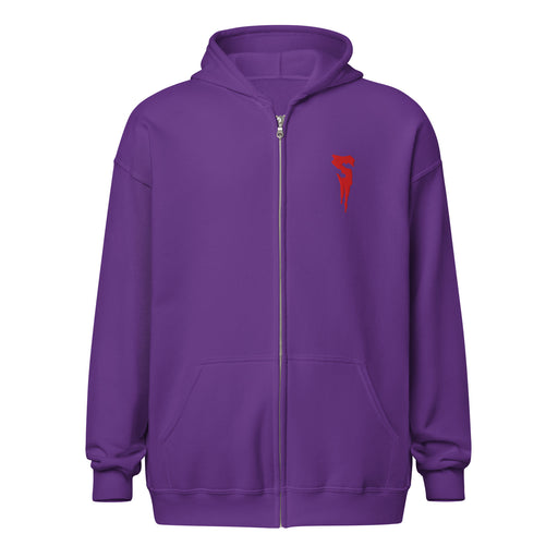 Purple zip-up hoodie with front pockets and a red embroidered Svengoolie dripping S logo on the left chest.