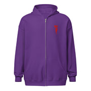 Purple zip-up hoodie with a red embroidered logo on the left chest, a full-length front zipper, and pockets.