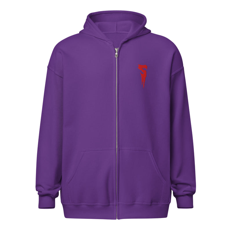 Purple zip-up hoodie with a red embroidered logo on the left chest, a full-length front zipper, and pockets.
