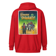 Back view of red zip-up hoodie featuring vintage poster art featuring the text 'SVENGOOLIE IN SPAAAACE!' in yellow and orange above an image of Svengoolie and the Sven Squad with a tentacled alien.