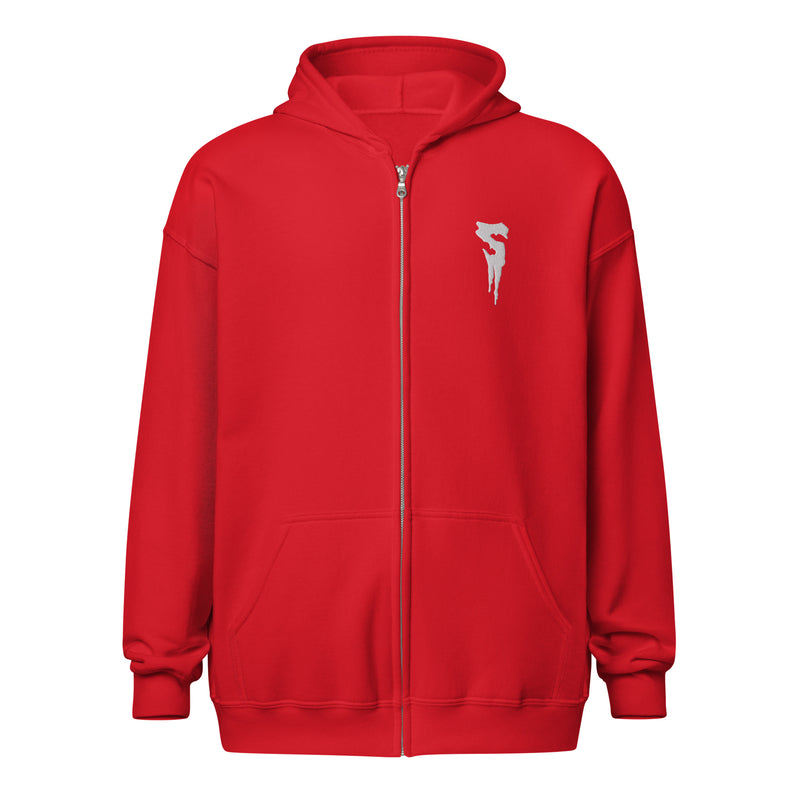 Red zip-up hoodie with front pockets and a white embroidered Svengoolie dripping S logo on the left chest.