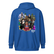 Back view of royal blue hoodie featuring illustrated Svengoolie with cake surrounded by movie monsters, with 'Svengoolie' logo at lower right