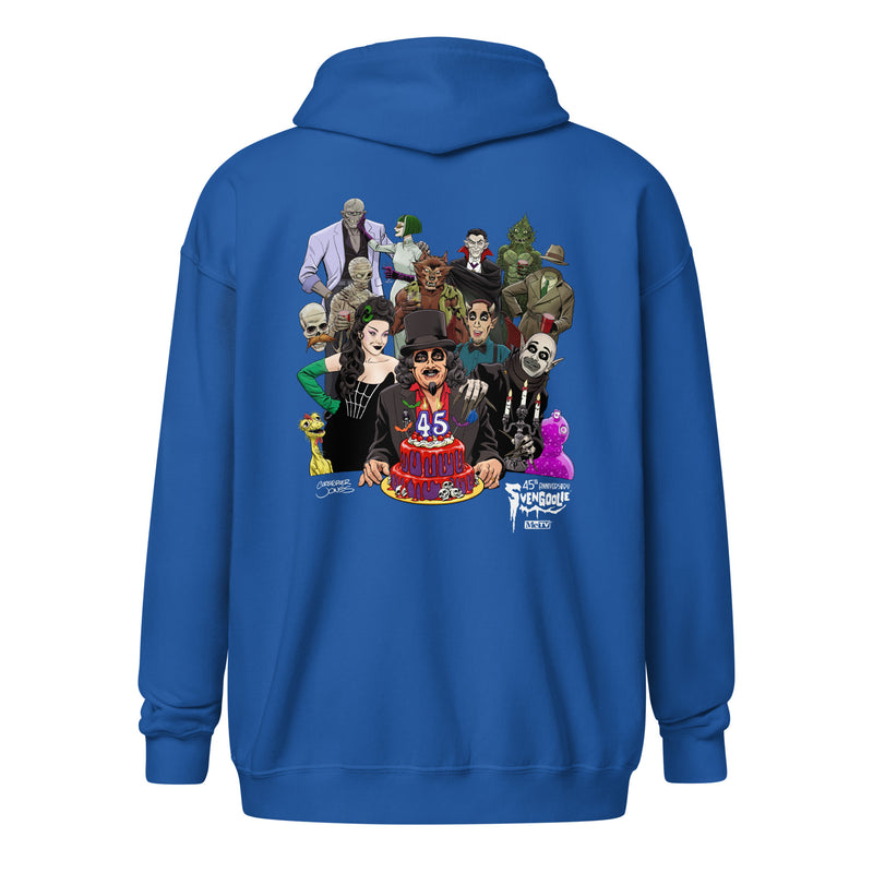 Back view of royal blue hoodie featuring illustrated Svengoolie with cake surrounded by movie monsters, with 'Svengoolie' logo at lower right