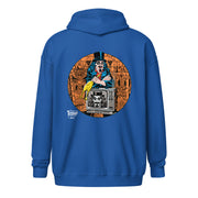 Back view of royal blue zip-up hoodie featuring Svengoolie holding a rubber chicken, by a TV with Orange circle border. Svengoolie logo at lower left.