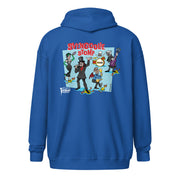 Back view of blue zip-up hoodie featuring a cartoon band of Svengoolie characters with red SVENGOOLIE STOMP text above. Svengoolie logo at lower left