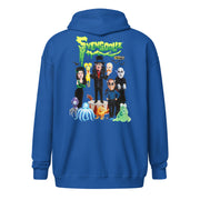 Back view of royal blue zip-up hoodie featuring Svengoolie and illustrated horror characters with the text 'Svengoolie' in green above them.