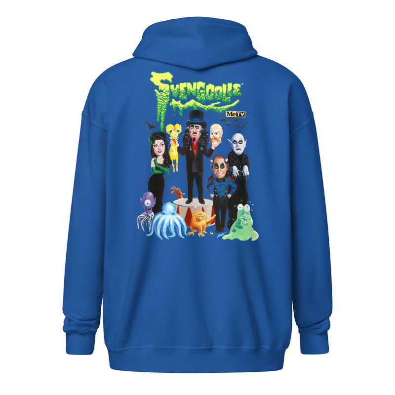 Back view of royal blue zip-up hoodie featuring Svengoolie and illustrated horror characters with the text 'Svengoolie' in green above them.