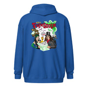 Back view of royal blue zip-up hoodie featuring a cartoon scene with a top-hatted host and green ghosts, with the text 'Svengoolie' in red above them.