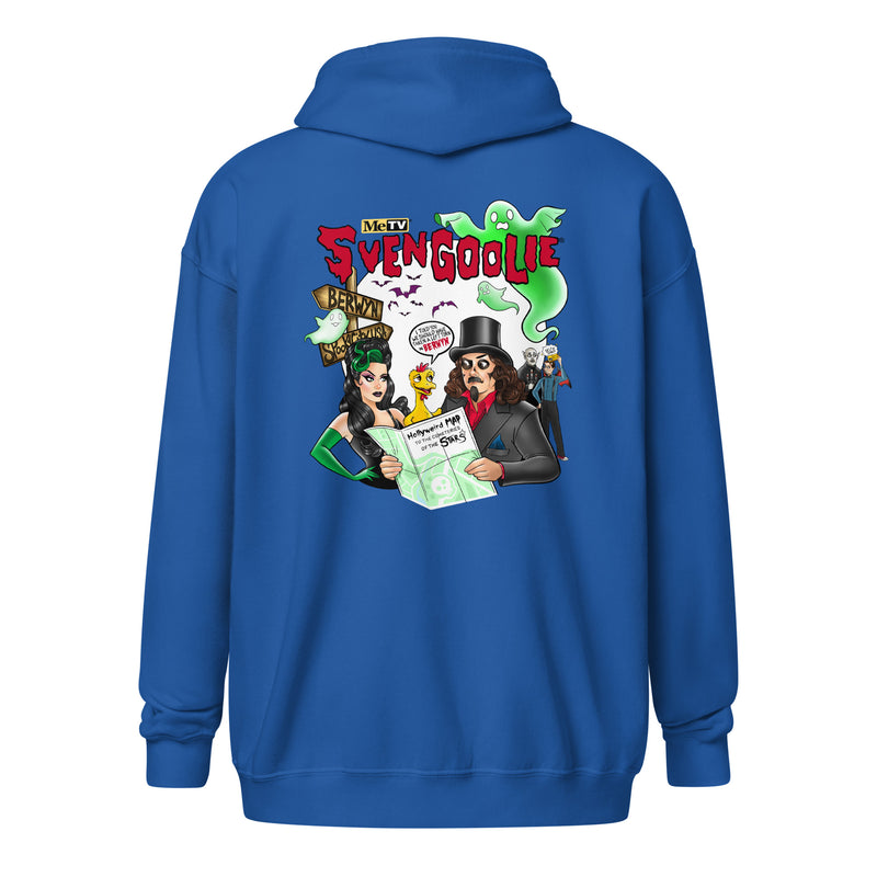 Back view of royal blue zip-up hoodie featuring a cartoon scene with a top-hatted host and green ghosts, with the text 'Svengoolie' in red above them.