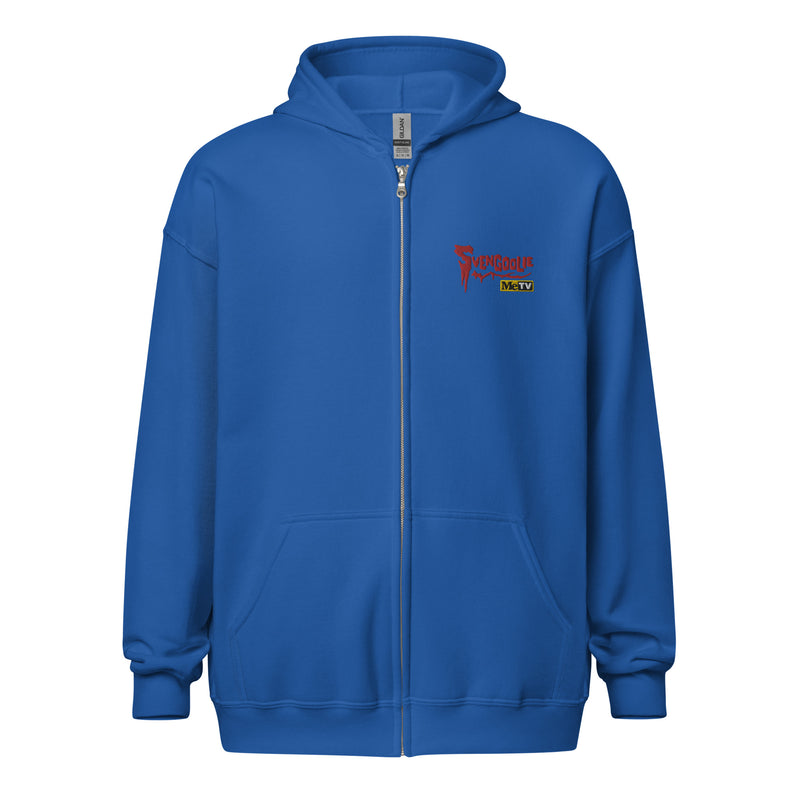 Front view of royal blue zip-up hoodie with a small red Svengoolie logo and 'MeTV' logo embroidered on the upper right chest